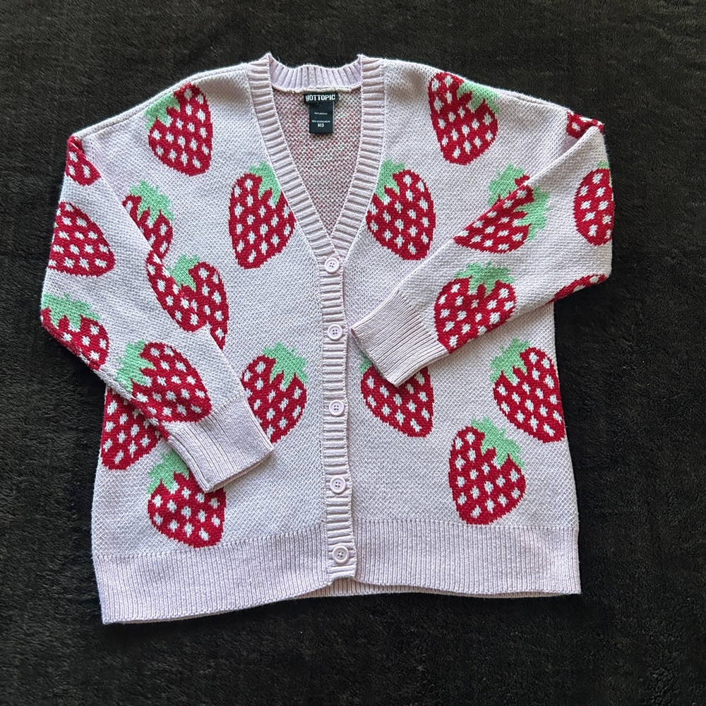 Hot Topic Pink Cardigan with Red Strawberry Design